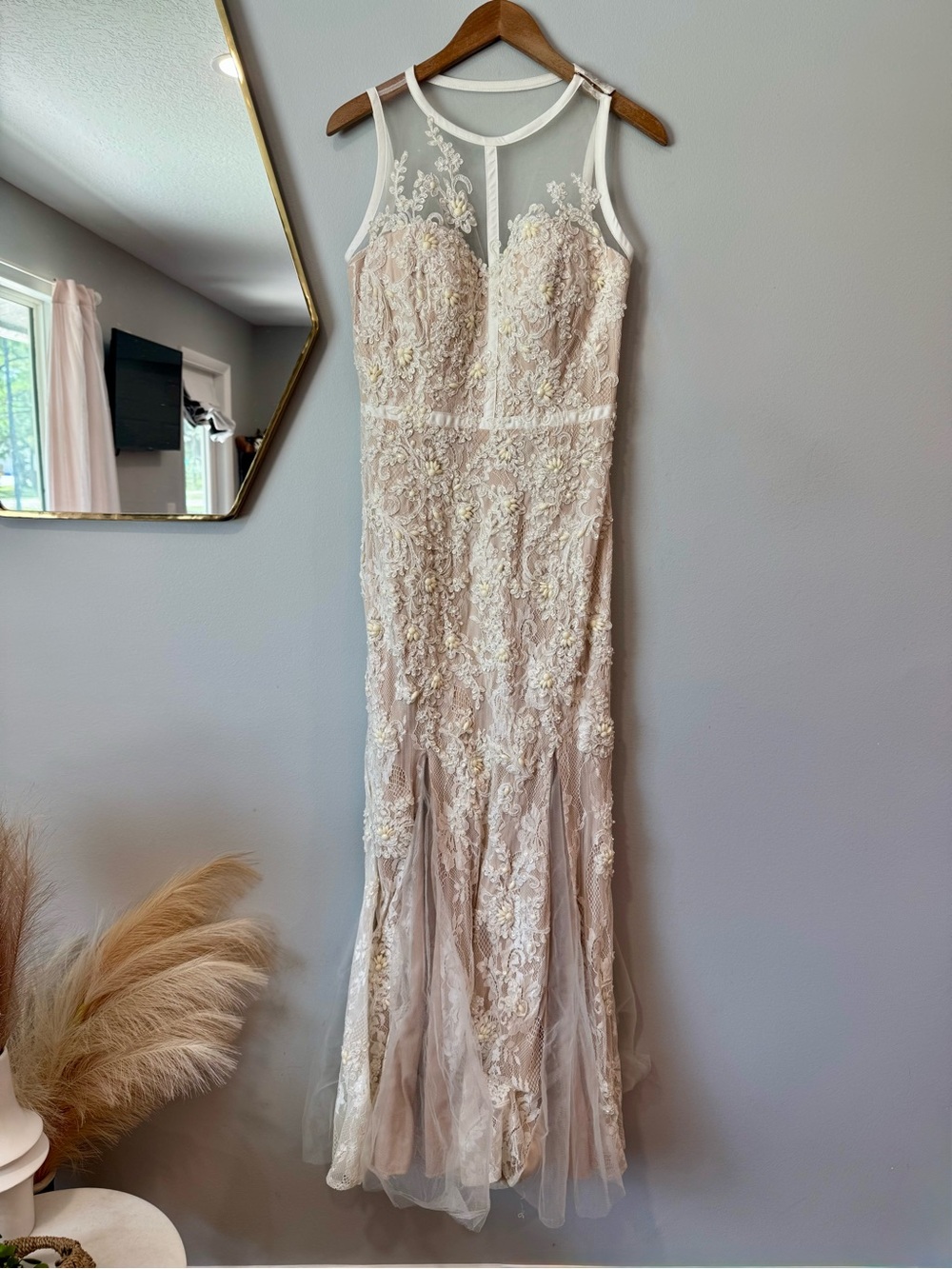 Aspeed Blush Ivory Lace Prom Gown with Sheer Beaded Applique Sz M